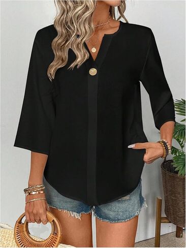 Floerns Women's Casual 3/4 Length Sleeve Blouse Top Notched Neck Loose Work Shirts in Kuwait