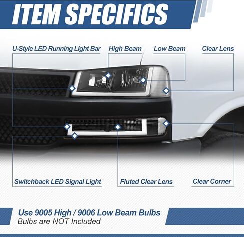 Auto Dynasty Headlights and Bumper Lamps Compatible with 03-24 Chevy Express GMC Savana 1500-4500, with Switchback E-LED DRL Running lights, Driver and Passenger Side, Smoked Lens Clear Corner in Saudi Arabia