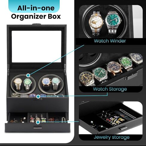 Watch Winders for 4 Automatic Watches,Automatic Watch Winder with Watch Holders and Jewelry Drawer,Quiet Motor (<5dB),Built-in Illumination (Brown) in Saudi Arabia