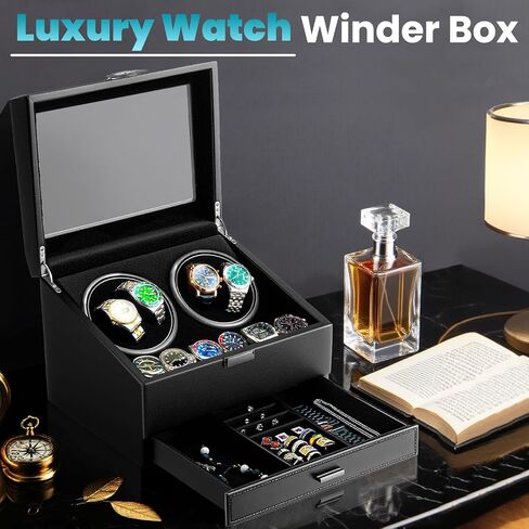Watch Winders for 4 Automatic Watches,Automatic Watch Winder with Watch Holders and Jewelry Drawer,Quiet Motor (<5dB),Built-in Illumination (Brown) in Saudi Arabia