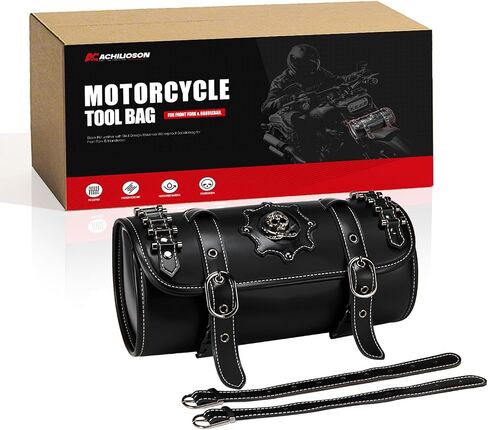Motorcycle Tool Bag - PU Leather Front Fork & Handlebar Saddlebag with Skull Design, Waterproof Universal Fit for Harley Bikes (Round Skull Badge, 2 Mounting Straps). in Saudi Arabia