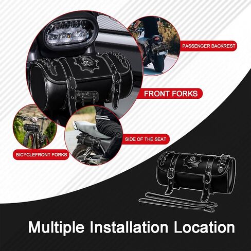 Motorcycle Tool Bag - PU Leather Front Fork & Handlebar Saddlebag with Skull Design, Waterproof Universal Fit for Harley Bikes (Round Skull Badge, 2 Mounting Straps). in Saudi Arabia