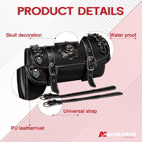 Motorcycle Tool Bag - PU Leather Front Fork & Handlebar Saddlebag with Skull Design, Waterproof Universal Fit for Harley Bikes (Round Skull Badge, 2 Mounting Straps). in Saudi Arabia