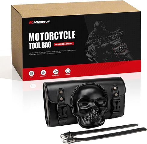 Motorcycle Tool Bag - PU Leather Front Fork & Handlebar Saddlebag with Skull Design, Waterproof Universal Fit for Harley Bikes (Round Skull Badge, 2 Mounting Straps). in Kuwait
