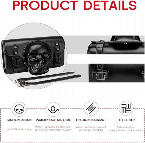 Motorcycle Tool Bag - PU Leather Front Fork & Handlebar Saddlebag with Skull Design, Waterproof Universal Fit for Harley Bikes (Round Skull Badge, 2 Mounting Straps). in Kuwait