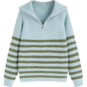 CIDER Women's Striped Quarter Zip Pullover Sweater Mock Neck Knit Fall Fashion Casual Sweater in Saudi Arabia
