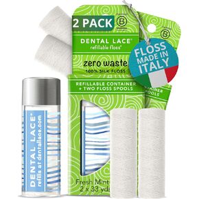Dental Lace Woven Dental Floss, 100% Silk Floss with Natural Mint Flavor - 2 Floss Refills with Recyclable Packaging, 66 Yards in Saudi Arabia