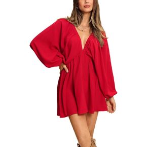 MakeMeChic Women's Deep V Neck Lantern Sleeve Dress Backless Summer Smock Mini Dresses in Saudi Arabia