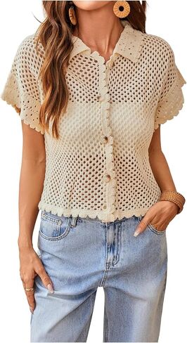 GORGLITTER Women's Summer Oversized Cardigans Short Sleeve Lightweight Button Up Crochet Tops in Saudi Arabia