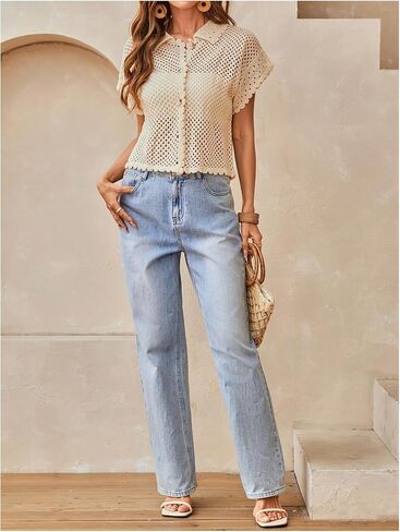 GORGLITTER Women's Summer Oversized Cardigans Short Sleeve Lightweight Button Up Crochet Tops in Saudi Arabia