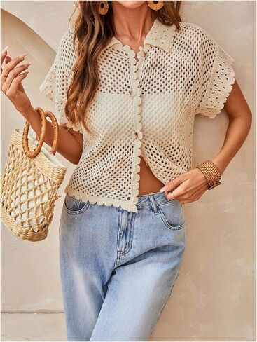 GORGLITTER Women's Summer Oversized Cardigans Short Sleeve Lightweight Button Up Crochet Tops in Saudi Arabia