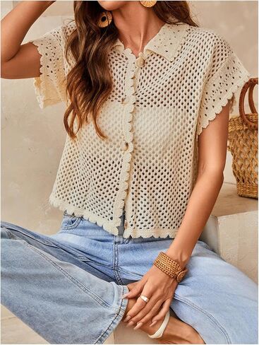 GORGLITTER Women's Summer Oversized Cardigans Short Sleeve Lightweight Button Up Crochet Tops in Saudi Arabia