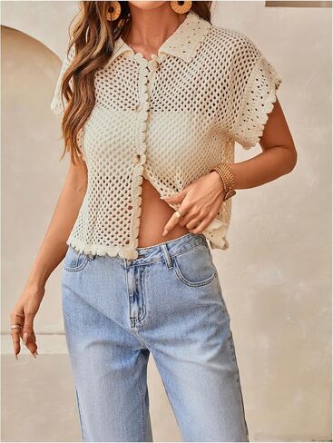 GORGLITTER Women's Summer Oversized Cardigans Short Sleeve Lightweight Button Up Crochet Tops in Saudi Arabia