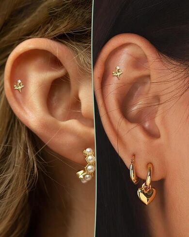 COCHARM 14K Gold Plated Cartilage Earrings Stud 925 Sterling Silver Helix Tragus Lobe Earrings Internally Thread Flat Back Piercing Jewelry Surgical Steel in Saudi Arabia