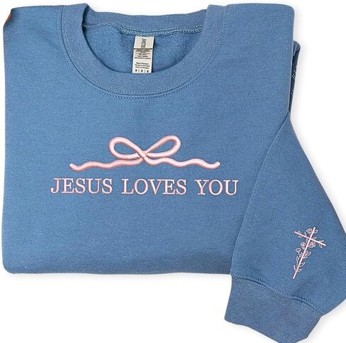 Custom Embroidered Jesus Loves You Sweatshirt with Pink Bow – Cute Christian Crewneck, Shirt or Hoodie for Girls and Women – Faith Gift for Daughter, Teen, or Church Friend in Kuwait