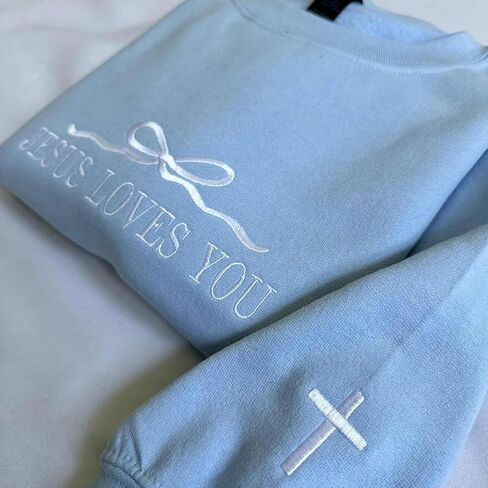 Custom Embroidered Jesus Loves You Sweatshirt with Pink Bow – Cute Christian Crewneck, Shirt or Hoodie for Girls and Women – Faith Gift for Daughter, Teen, or Church Friend in Kuwait