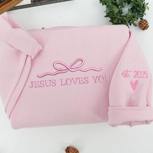 Custom Embroidered Jesus Loves You Sweatshirt with Pink Bow – Cute Christian Crewneck, Shirt or Hoodie for Girls and Women – Faith Gift for Daughter, Teen, or Church Friend in Kuwait
