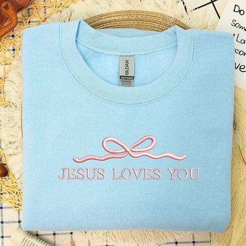 Custom Embroidered Jesus Loves You Sweatshirt with Pink Bow – Cute Christian Crewneck, Shirt or Hoodie for Girls and Women – Faith Gift for Daughter, Teen, or Church Friend in Kuwait