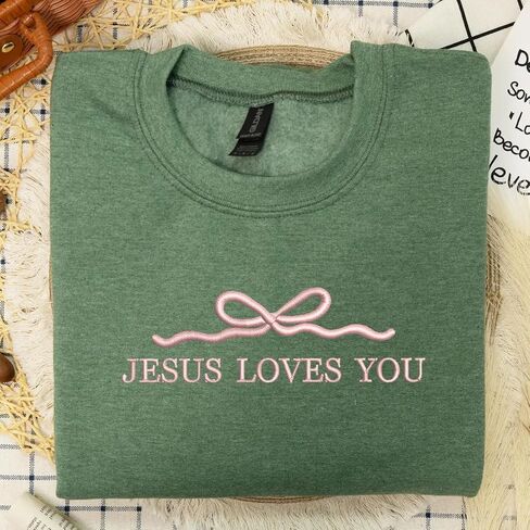 Custom Embroidered Jesus Loves You Sweatshirt with Pink Bow – Cute Christian Crewneck, Shirt or Hoodie for Girls and Women – Faith Gift for Daughter, Teen, or Church Friend in Kuwait