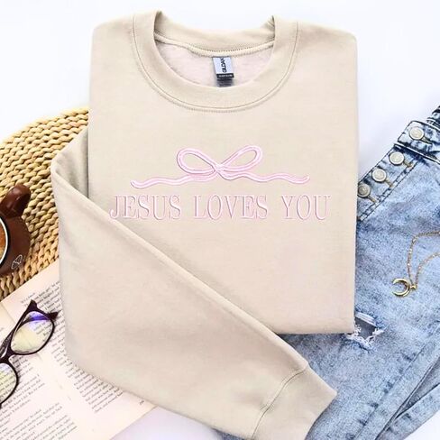 Custom Embroidered Jesus Loves You Sweatshirt with Pink Bow – Cute Christian Crewneck, Shirt or Hoodie for Girls and Women – Faith Gift for Daughter, Teen, or Church Friend in Kuwait