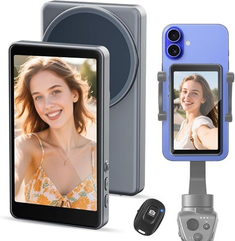 Selfie Monitor Screen iPhone & Android, Back Camera Monitor with Bluetooth Remote, Wireless Mirroring Recording, Magnetic Phone Vlog Selfie Screen for Vlogging Live Streaming TikTok (Grey) in Saudi Arabia