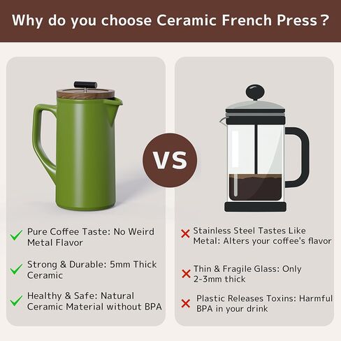 DHPO Ceramic French Press Coffee Maker ، 22 أونصة قهوة الصحافة الدليل مع غطاء خشب الجوز ، مرشح الفولاذ المقاوم للصدأ من طراز الطعام مع شاشة مزدوجة لتناول القهوة والشاي الفضفاض ، وصندوق الهدايا ، والأسود in Kuwait