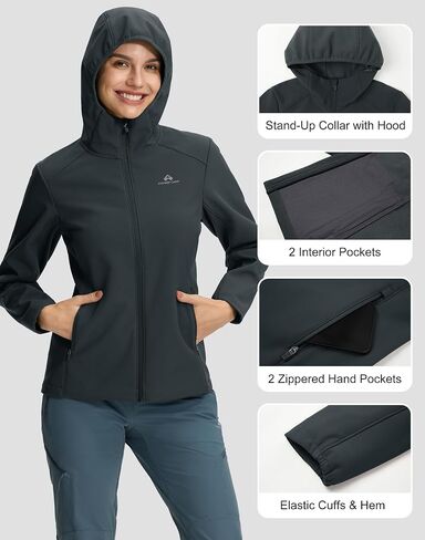 Pioneer Camp Women's Softshell Jacket Fleece Lined with Hood 30k Waterproof Lightweight Warm Windbreaker for Outdoor Hiking in Saudi Arabia