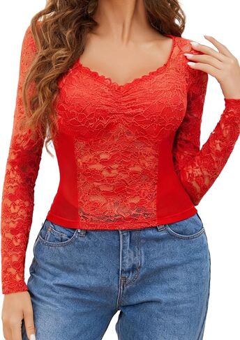 Avidlove Lace Long Sleeve Mesh Tops for Women V Neck Sheer Blouse Sexy See Through Undershirt in Saudi Arabia
