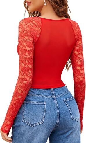 Avidlove Lace Long Sleeve Mesh Tops for Women V Neck Sheer Blouse Sexy See Through Undershirt in Saudi Arabia