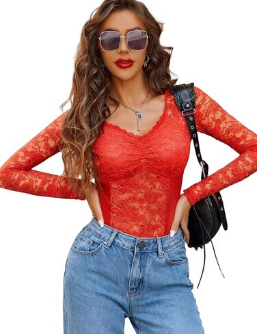 Avidlove Lace Long Sleeve Mesh Tops for Women V Neck Sheer Blouse Sexy See Through Undershirt in Saudi Arabia