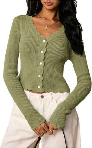 GORGLITTER Women's Button Up Crochet Sweater Cardigan V Neck Long Sleeve Scallop Trim Knitwear in Saudi Arabia