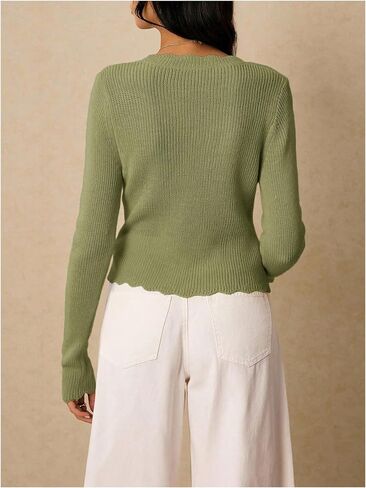 GORGLITTER Women's Button Up Crochet Sweater Cardigan V Neck Long Sleeve Scallop Trim Knitwear in Saudi Arabia