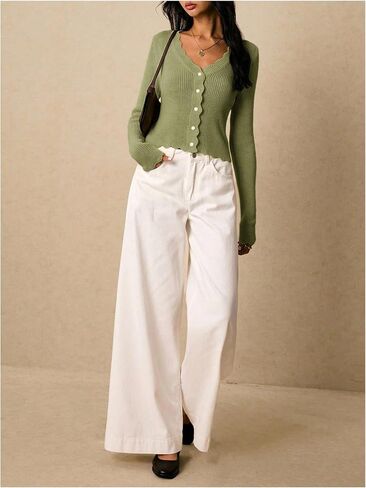 GORGLITTER Women's Button Up Crochet Sweater Cardigan V Neck Long Sleeve Scallop Trim Knitwear in Saudi Arabia