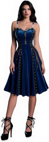 DRESSFO Women Gothic Vintage Costume Lace Up PU Strap Rivet Crisscross Strappy Velvet Halloween Goth Dress in Kuwait