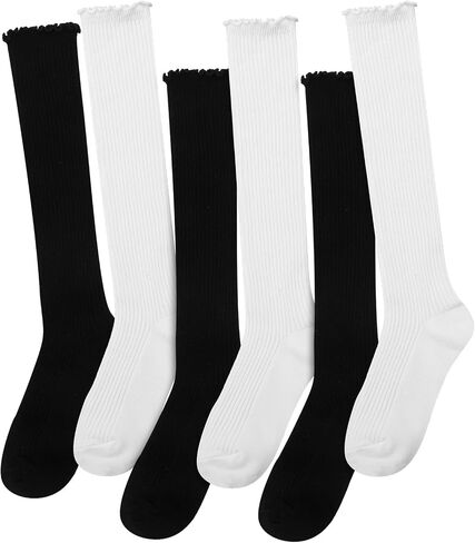 6 Pairs Women Ruffle Knee High Socks Turn Cuff Knit Breathable Cute Frilly Lettuce Dress Breathable Socks in Saudi Arabia
