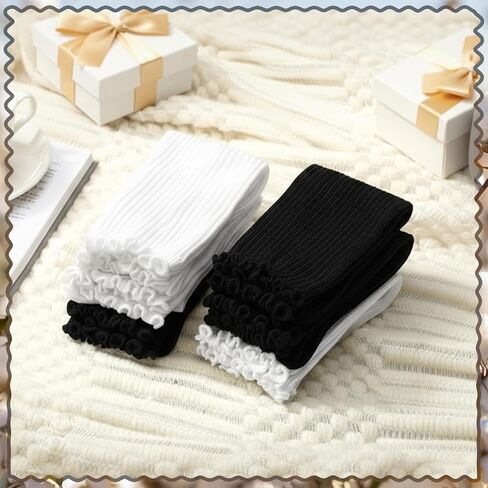 6 Pairs Women Ruffle Knee High Socks Turn Cuff Knit Breathable Cute Frilly Lettuce Dress Breathable Socks in Saudi Arabia