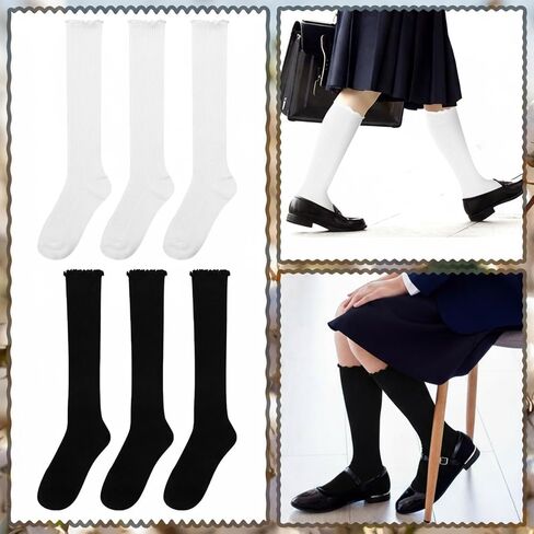 6 Pairs Women Ruffle Knee High Socks Turn Cuff Knit Breathable Cute Frilly Lettuce Dress Breathable Socks in Saudi Arabia
