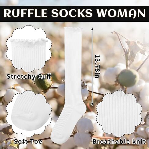 6 Pairs Women Ruffle Knee High Socks Turn Cuff Knit Breathable Cute Frilly Lettuce Dress Breathable Socks in Saudi Arabia