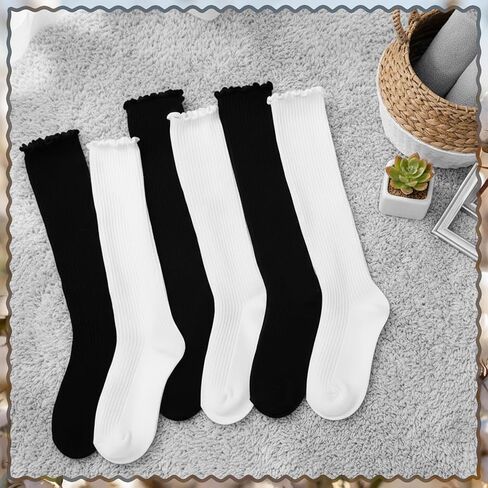 6 Pairs Women Ruffle Knee High Socks Turn Cuff Knit Breathable Cute Frilly Lettuce Dress Breathable Socks in Saudi Arabia