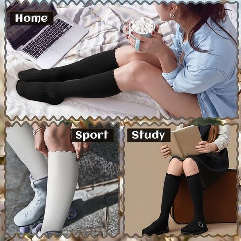 6 Pairs Women Ruffle Knee High Socks Turn Cuff Knit Breathable Cute Frilly Lettuce Dress Breathable Socks in Saudi Arabia