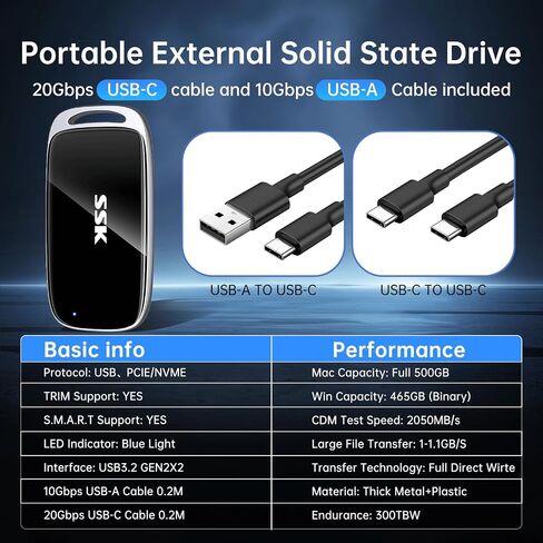 SSK 2TB SSD External Hard Drive, Portable SSD Drive up to 2000 MB/s, USB 3.2 Gen2X2 External Solid State Drives for iPhone 15/16 PRO、Mac、Phone OTG、Laptops with LED Indicator in Saudi Arabia