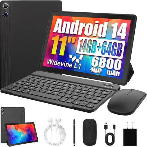 Tablet, 11 Inch Android 14 Tablets, 14GB RAM+64GB ROM (TF 1TB) with Octa-Core, 6800mAh, Widevine L1, WiFi 6, 8 in 1 Tablet with Keyboard, Mouse, Protective Case, Stylus, Headset, Charger- Black in Saudi Arabia