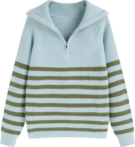 CIDER Women's Striped Quarter Zip Pullover Sweater Mock Neck Knit Fall Fashion Casual Sweater in Saudi Arabia