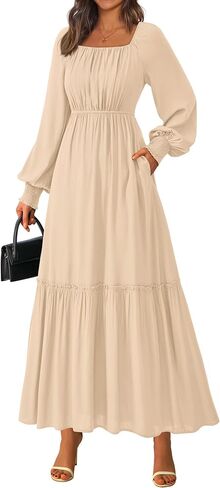 KIRUNDO Casual Fall Dresses for Women 2025 Flowy Long Sleeve Maxi Dress Smocked Empire Waist Square Neck Wedding Party in Saudi Arabia