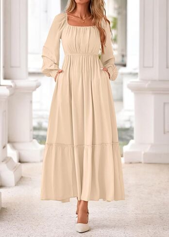 KIRUNDO Casual Fall Dresses for Women 2025 Flowy Long Sleeve Maxi Dress Smocked Empire Waist Square Neck Wedding Party in Saudi Arabia