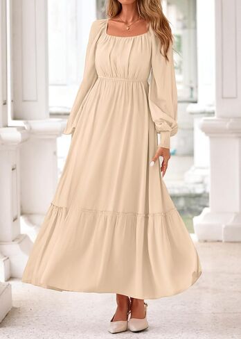 KIRUNDO Casual Fall Dresses for Women 2025 Flowy Long Sleeve Maxi Dress Smocked Empire Waist Square Neck Wedding Party in Saudi Arabia