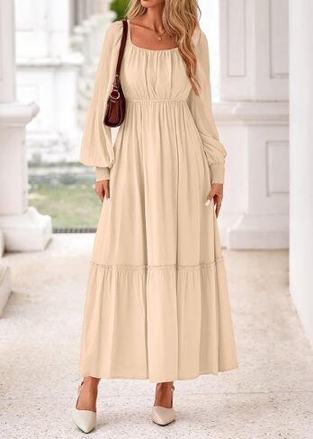 KIRUNDO Casual Fall Dresses for Women 2025 Flowy Long Sleeve Maxi Dress Smocked Empire Waist Square Neck Wedding Party in Saudi Arabia