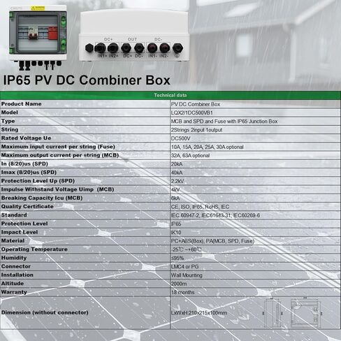 2 سلسلة الطاقة الشمسية الكهروضوئية صندوق الموحد 2 في 2 خارج IP65 DC500V 32A قاطع الدائرة مع حامي عرام و 15A الكهروضوئية الصمامات، مفتاح فصل الطاقة الشمسية في الهواء الطلق مقاوم للماء لنظام الألواح الشمسية in Kuwait