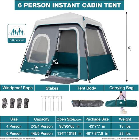 خيام التخييم 4/6 شخص يطفئ خيمة فورية - الإعداد في الستينيات من القرن الماضي للتخييم العائلي ، وتصميم مقاوم للرياح ، وخيمة المقصورة العائلية مع حقيبة رينفايت وحقائب الظهر in Kuwait
