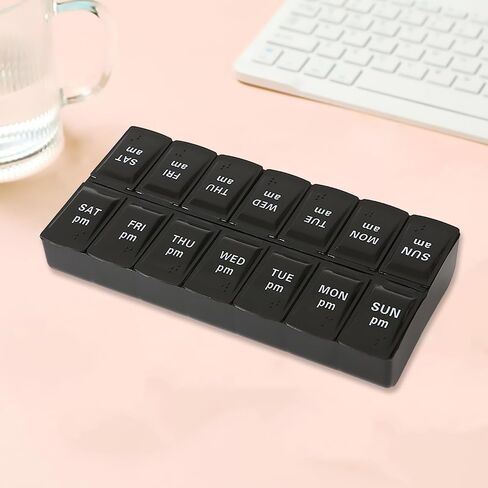 7 Day Weekly Pill Organizer 2 Times A Day Large Pill Case Compartments Clear Lids for Medicine Vitamin Black with White in Saudi Arabia